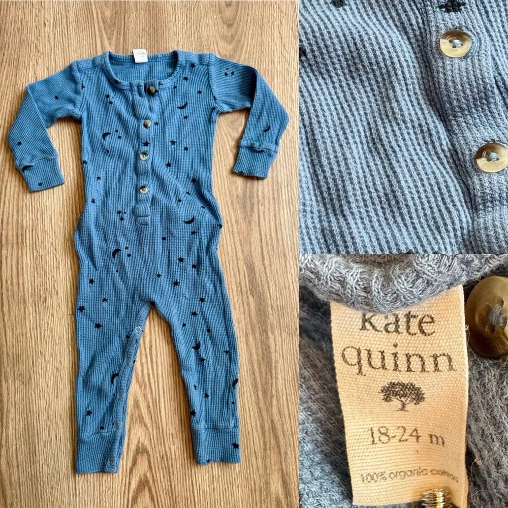 Kate Quinn waffle Knit organic cotton Romper winter blue stars winter 18-24